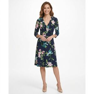 Tommy Hilfiger Navy Floral Ruffle Faux Wrap Midi Dress - Size 6